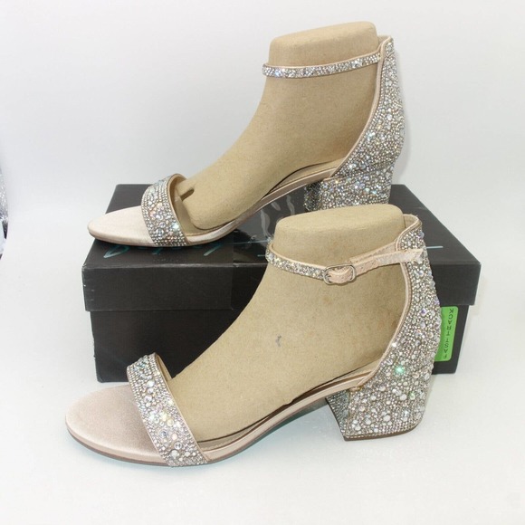Betsey Johnson Shoes - Betsey Johnson Mari Size 9.5 Silver Crystal Ankle Strap Block Heel Sandal.